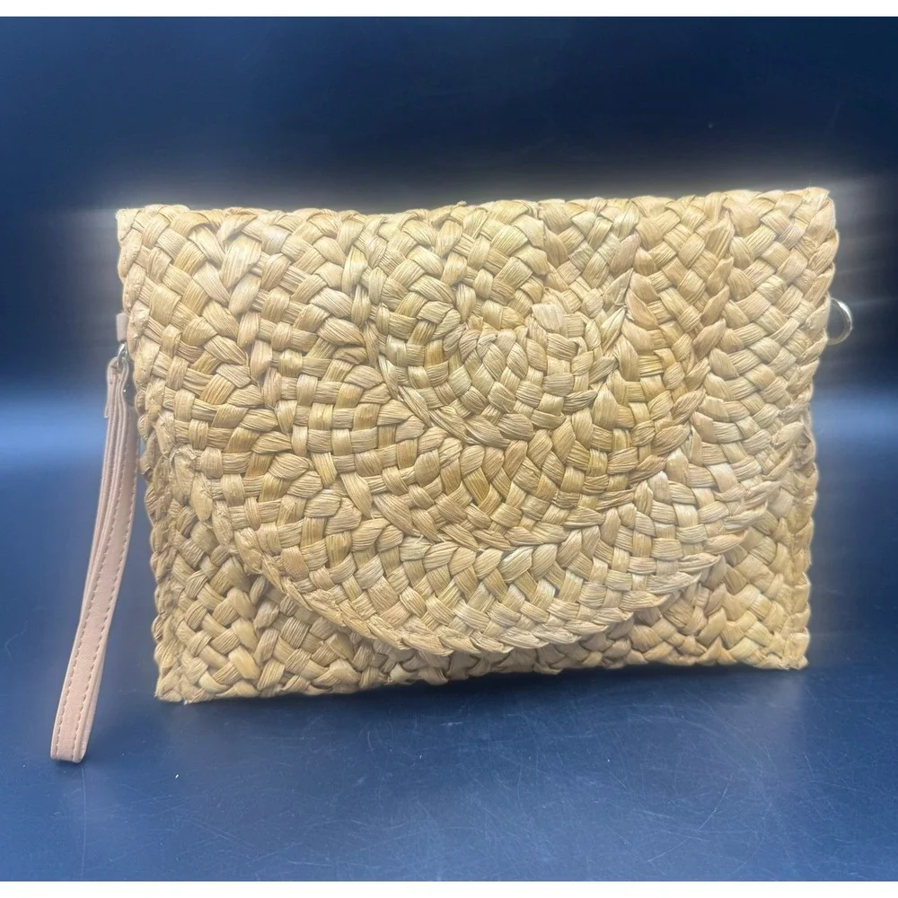 Woven Straw Clutch Crossbody Bag Natural Tan Wristlet Bohemian Handbag NEW